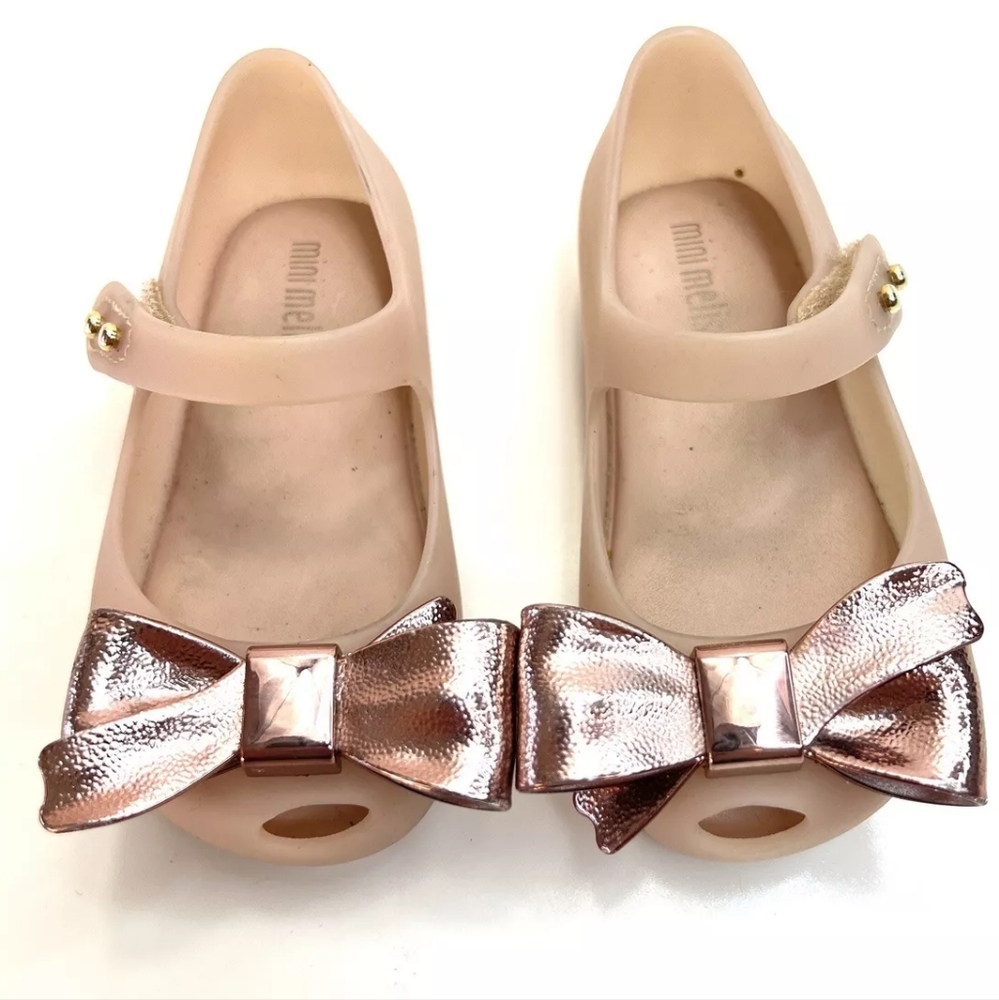 Mini Melissa rose gold pink metallic bow Scented Shoes Size 5 Toddler Girls